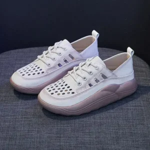 Curvefoot Women Fashion Casual Solid Color PU Lace-Up Hollow Breathable Sneakers