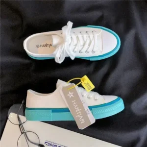 Curvefoot Women Fashion Cream Blue Canvas Lace-Up Sneakers