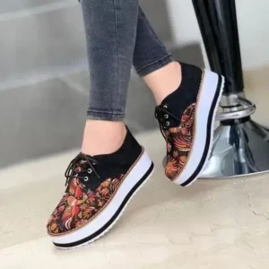 Curvefoot Women Fashion Pattern Canvas Flat Lace-Up Sneakers