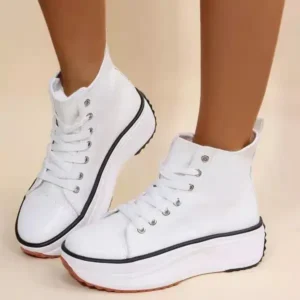 Curvefoot Women Fashion Platform Round Toe Canvas Lace Up Sneakers