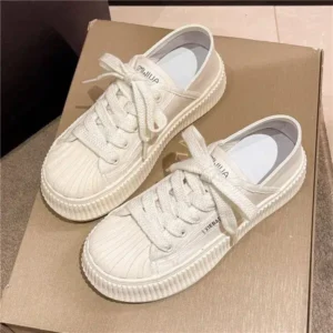 Curvefoot Women Fashion Shell Toe Platform Solid Color Lace-Up Sneakers