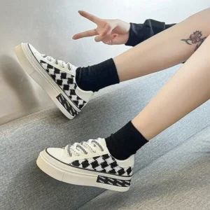 Curvefoot Women Fashion Platform Checkerboard Canvas Sneakers