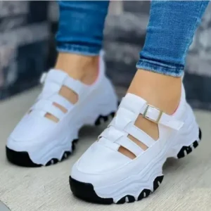 Curvefoot Women'S Casual Fashion Round Toe Mesh Solid Color Thick Sole Stitching Suede Hollow Platform Sneakers