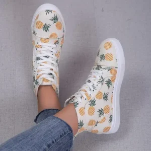 Curvefoot Women Fashion Round Toe Lace-Up Pineapple Strawberry Flat Sneakers