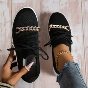 Curvefoot Women Fashion Round Toe Rhinestone Metal Decoration Lace-Up Mesh Sneakers