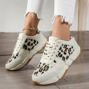 Curvefoot Women Fashion Round Toe Stitching Lace Up Low Top Leopard Sports Sneakers